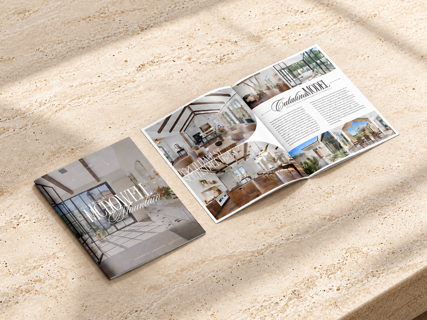 WFG luxury property brochure mockup on a travertine coffee table